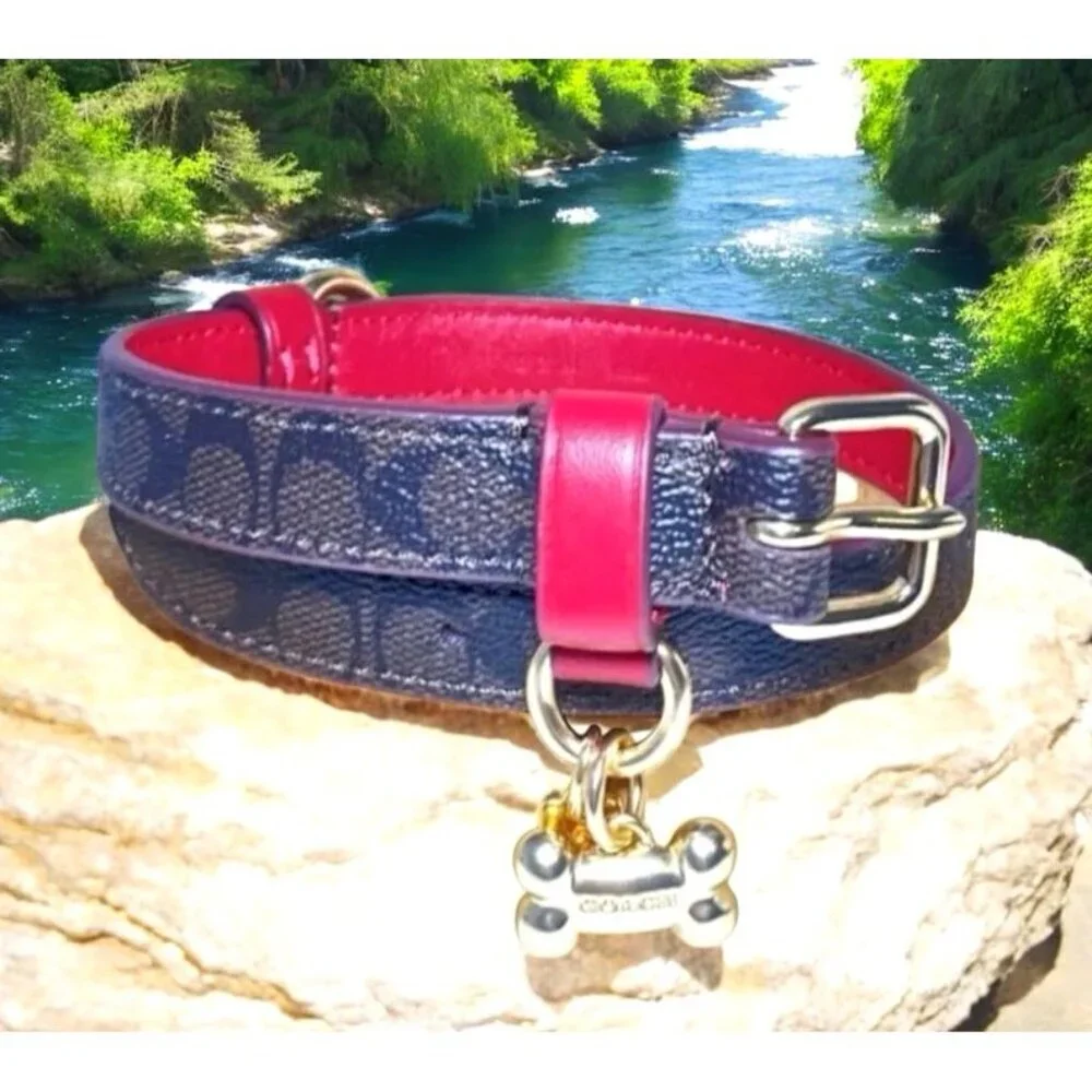 Coach Dog Collar + Apple AirTag Tracker! Brown Red Signature C Size Large - Picture 4 of 10